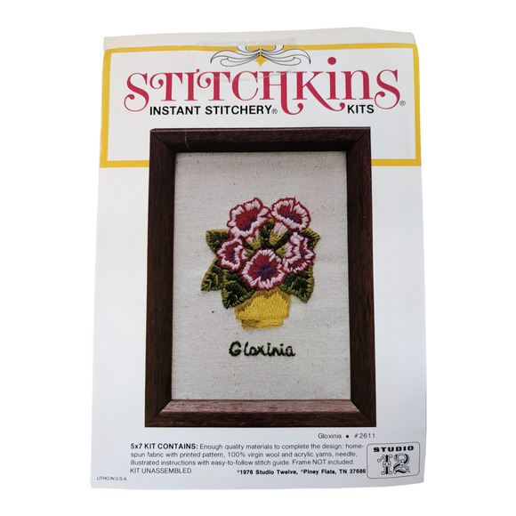 Vintage 70s Floral Crewel Embroidery Kit "Gloxinia" Stitchkins Instant Stitchery - Picture 1 of 7